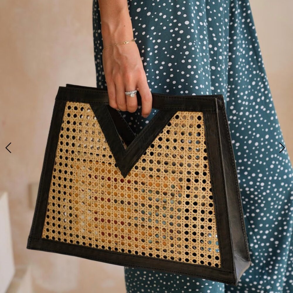 Bali Cane And Leather Clutch In Black